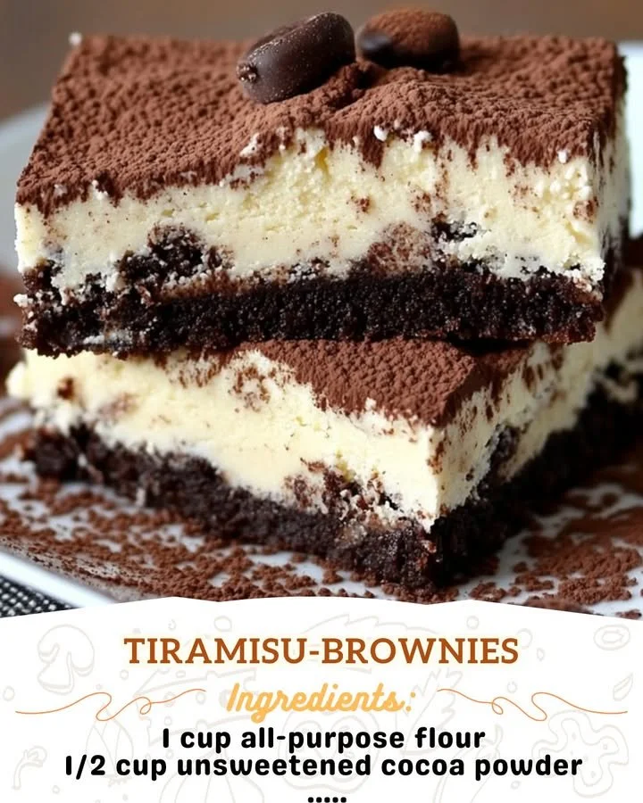 Delicious tiramisu brownies topped with cocoa powder and coffee cream
