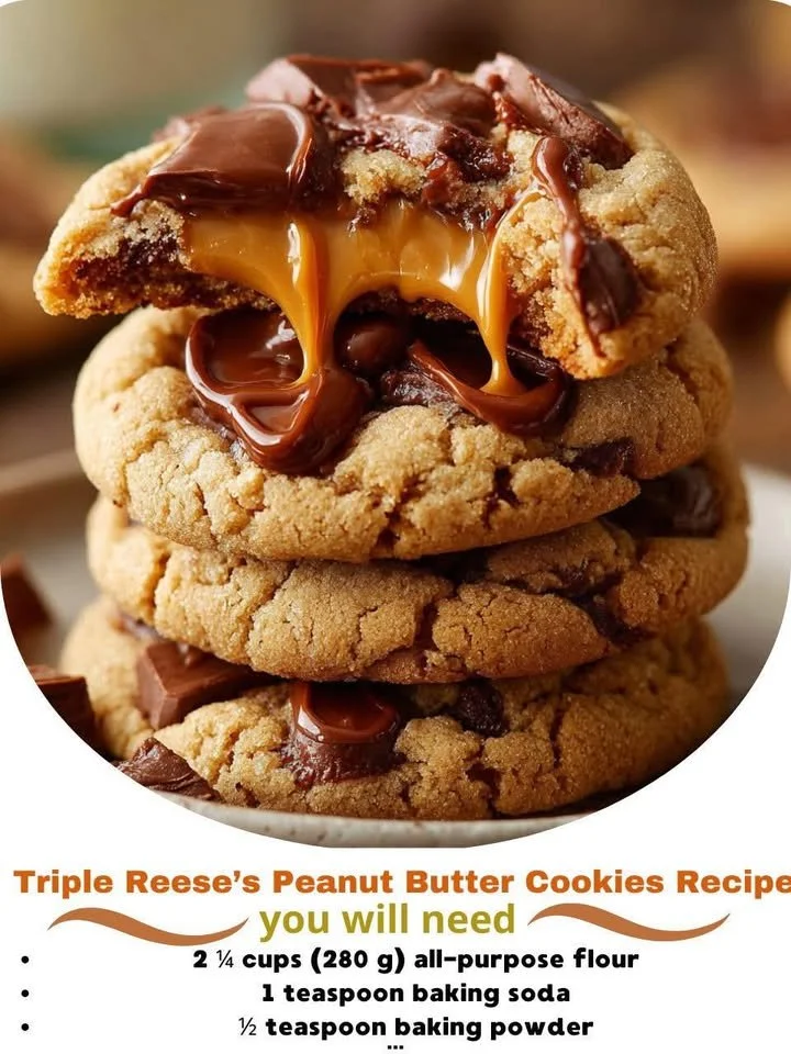 Triple Reese's Peanut Butter Cookies stacked with chocolate and peanut butter