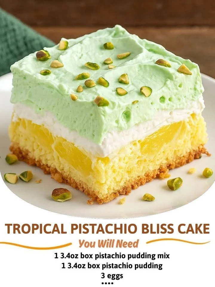 Tropical Pistachio Bliss Cake with fresh fruits and a creamy frosting