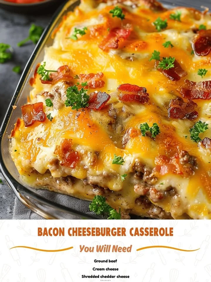Turkey Bacon Cheeseburger Casserole dish with melted cheese and crispy bacon