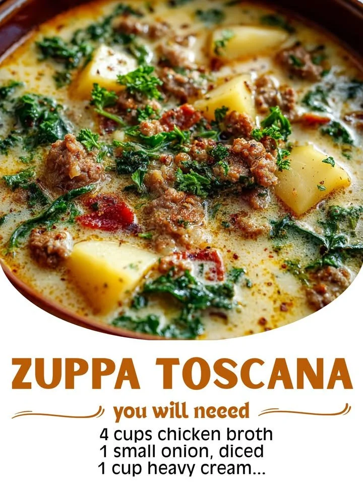 Bowl of hearty Tuscany Soup with fresh vegetables and herbs.