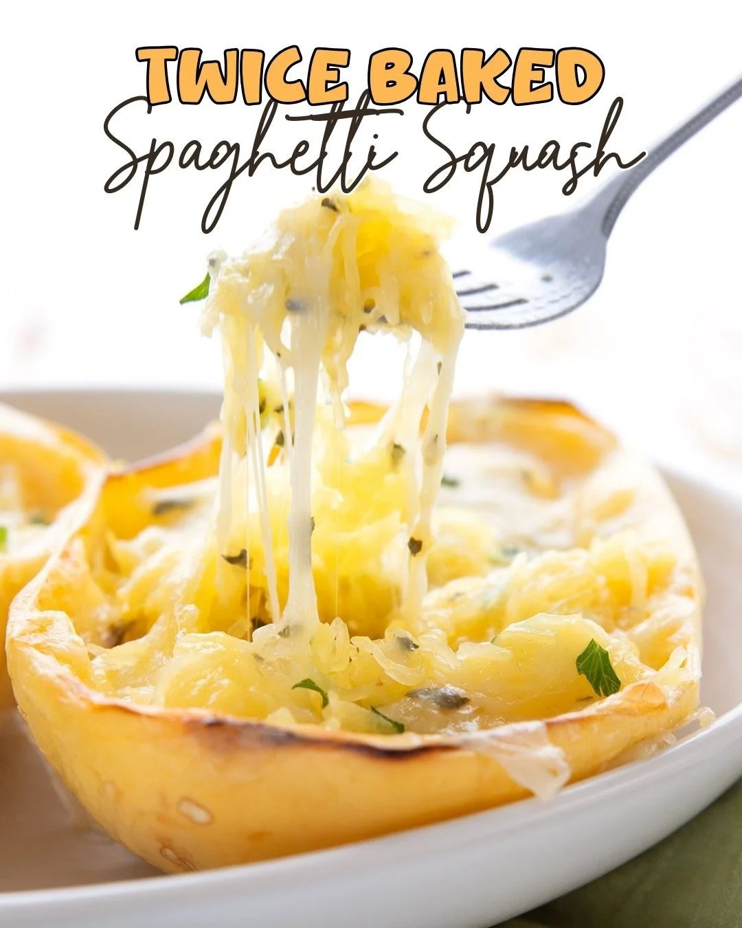 A plate of twice baked spaghetti squash topped with cheese and herbs