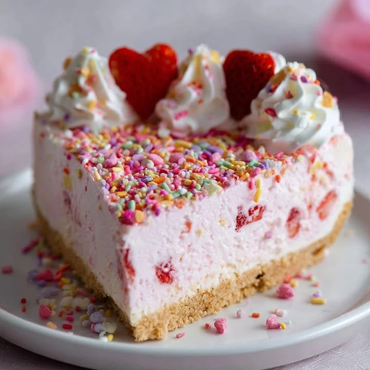 No-bake Valentine's Day strawberry cheesecake with colorful sprinkles