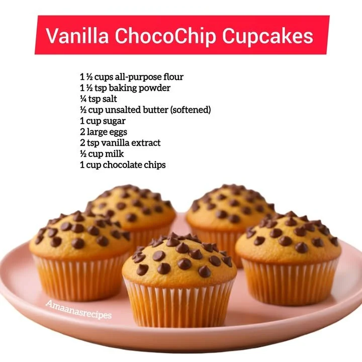 Delicious Vanilla ChocoChip Cupcakes topped with chocolate chips.