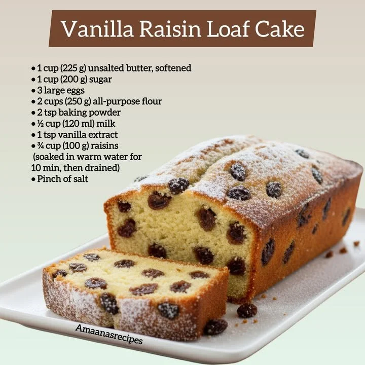 Delicious Vanilla Raisin Loaf Cake with slices and raisins on a wooden table