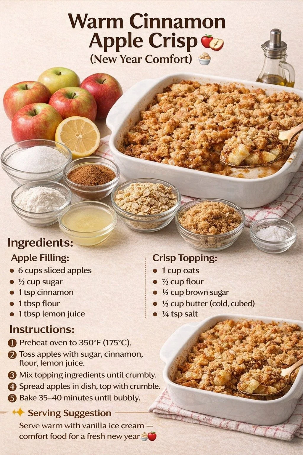 Warm cinnamon apple crisp with a crispy topping and fresh apple filling