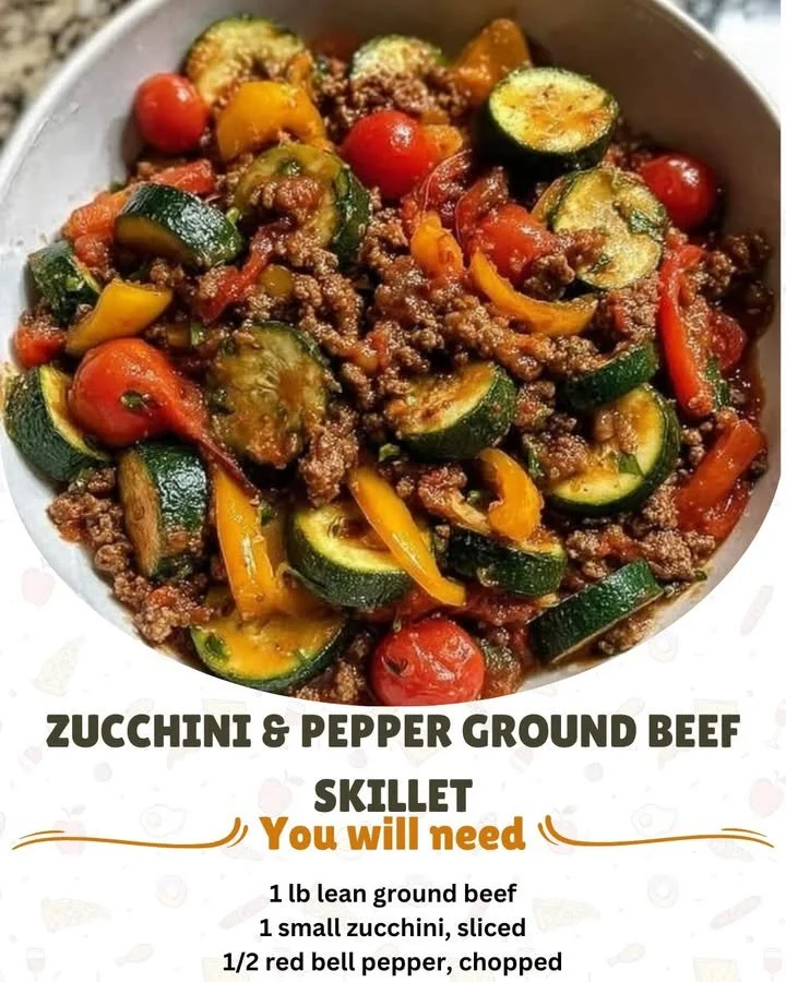 Zucchini and Pepper Ground Beef Skillet dish ready to serve.