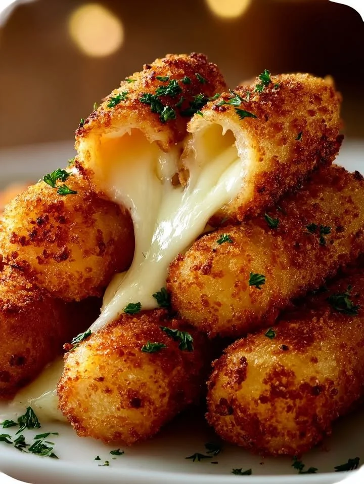 Air-fried mozzarella sticks served with marinara sauce on a wooden platter.