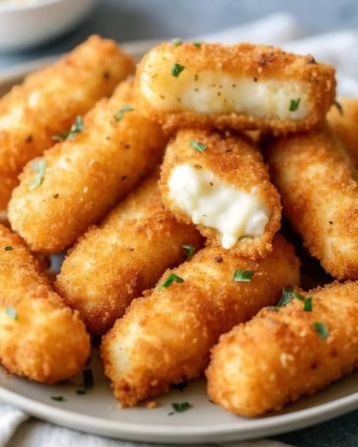 Crispy air fryer mozzarella sticks served with marinara sauce