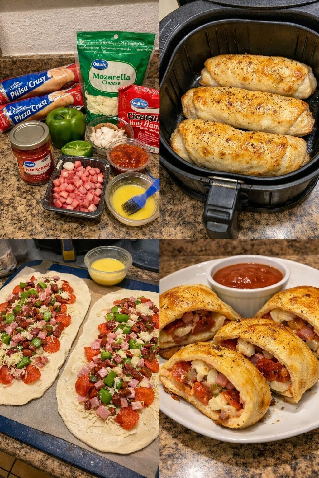Delicious Air Fryer Stromboli recipe, golden brown and stuffed with toppings.