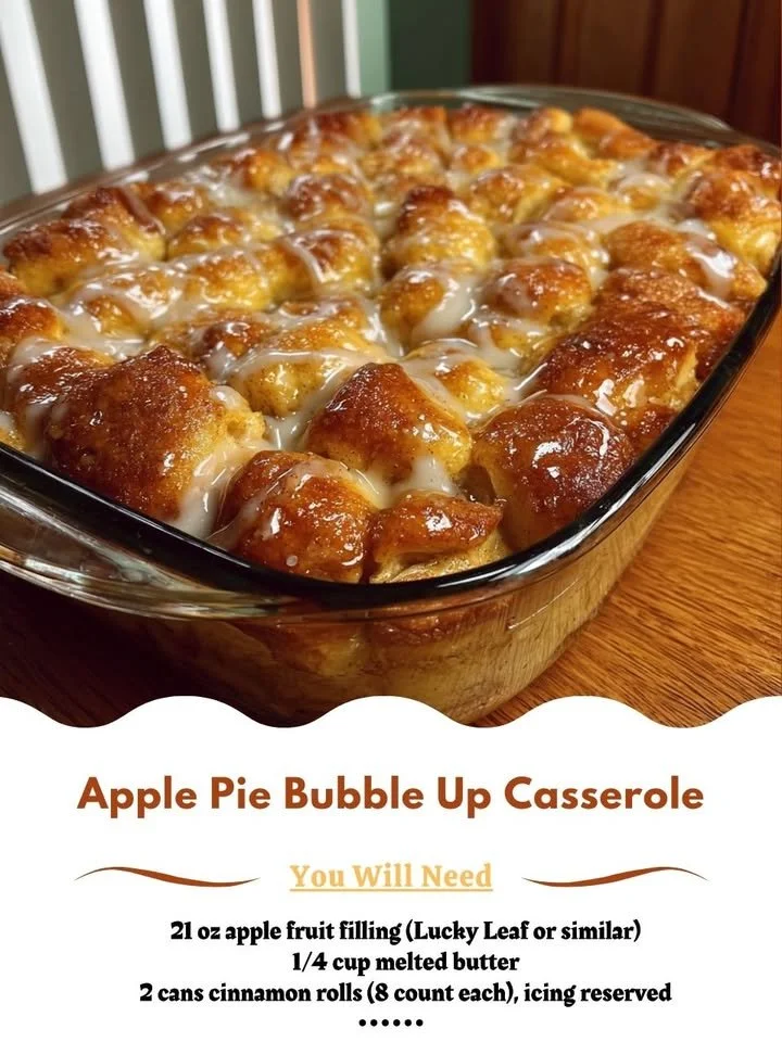 Apple Pie Bubble Up Casserole served in a baking dish, topped with cinnamon.
