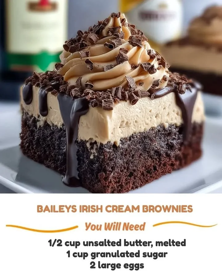 Delicious Baileys Irish Cream brownies topped with chocolate.