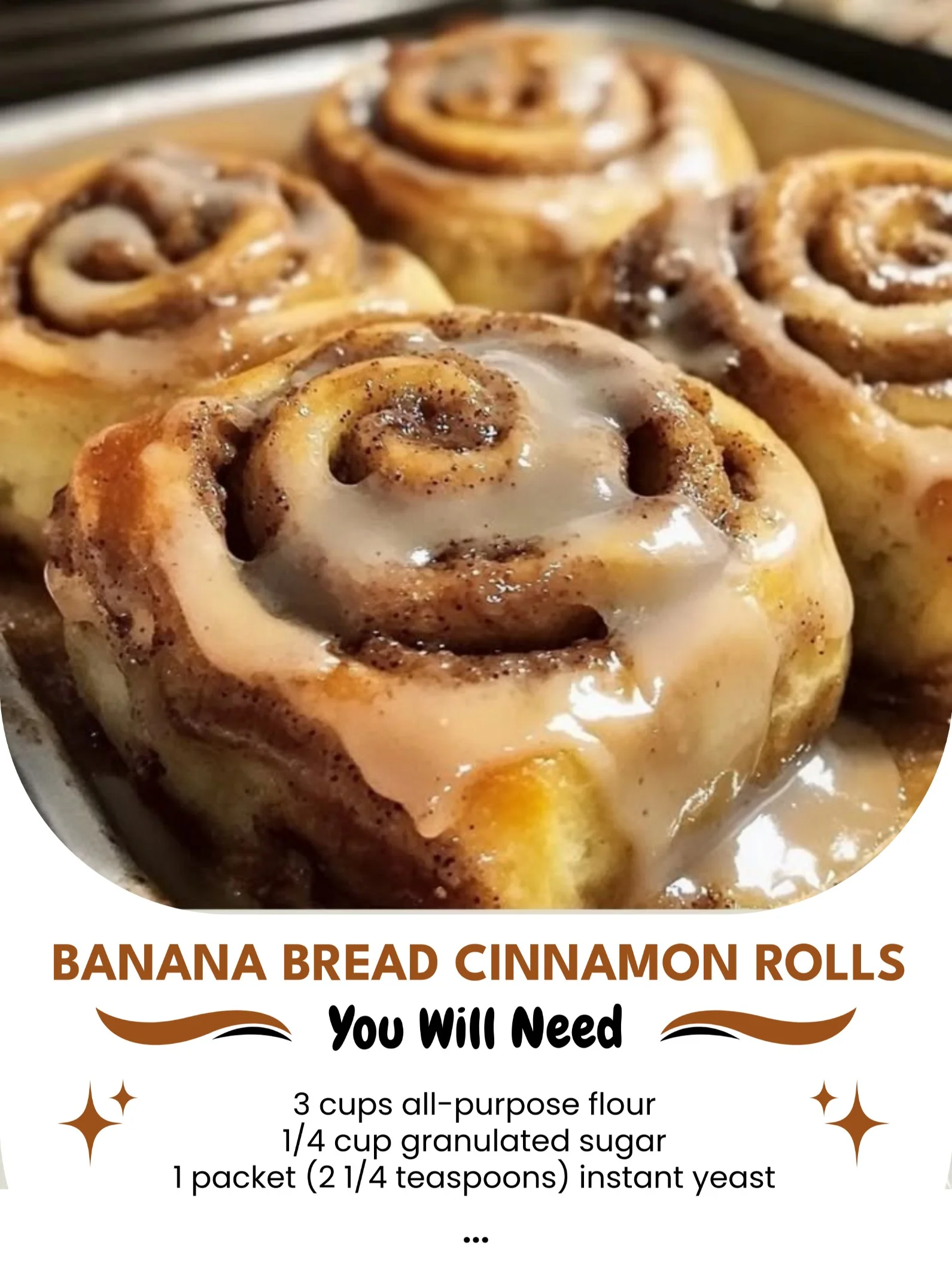 Banana bread cinnamon rolls drizzled with icing on a plate