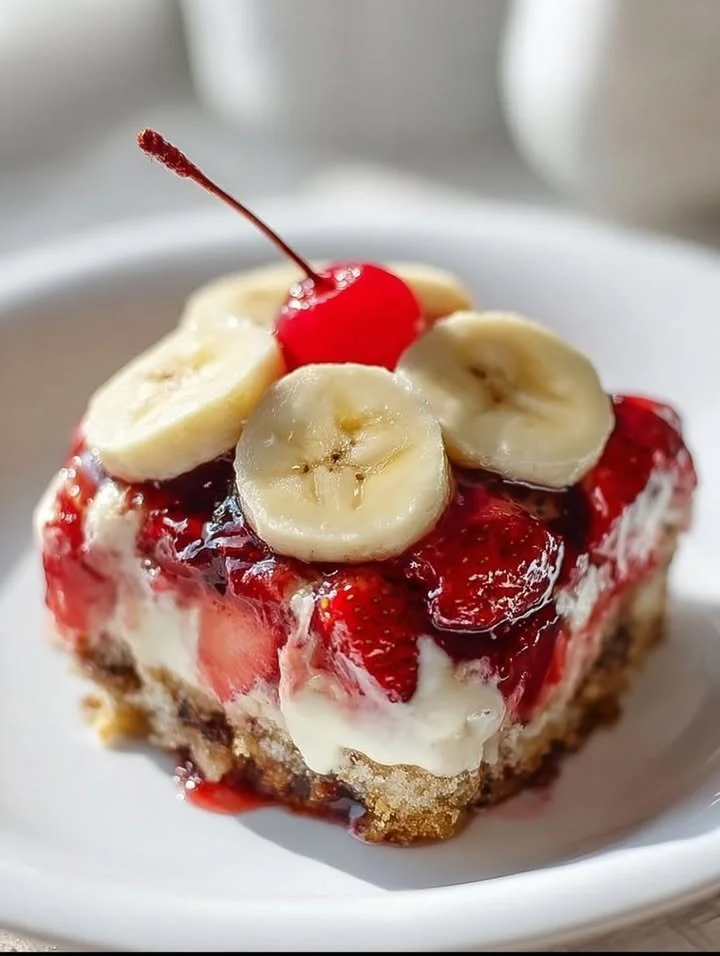 Delicious banana split dump cake with layers of banana, ice cream, and chocolate sauce