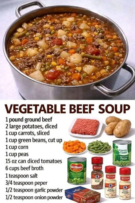 A bowl of homemade vegetable beef soup with fresh vegetables and tender beef chunks.