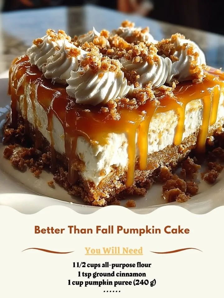Delicious slice of better than fall pumpkin cake topped with cream cheese frosting.