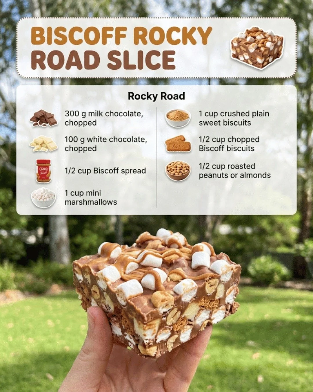 Biscoff Rocky Road Slice topped with chocolate and Biscoff crumbs