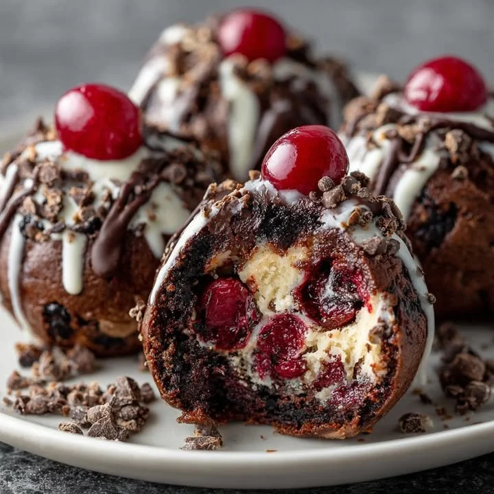 Delicious Black Forest brownie cookie dough bombs ready to be enjoyed