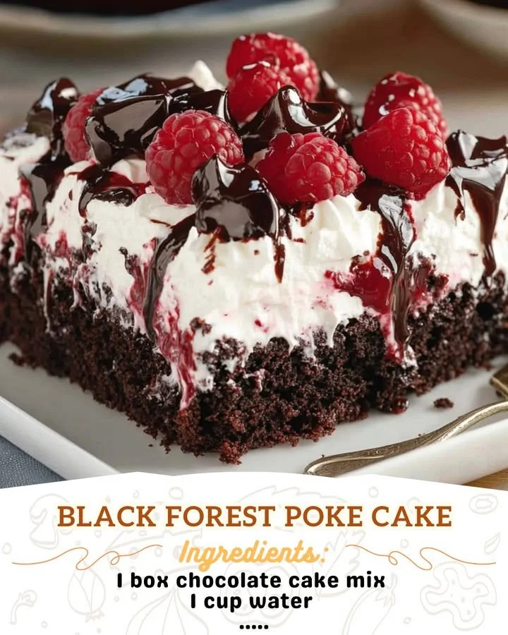 Black Forest Poke Cake with chocolate layers and cherry topping
