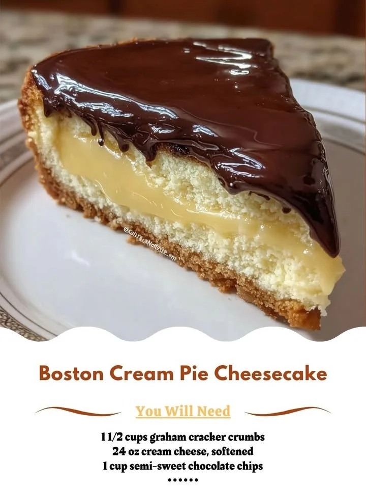 Delicious Boston Cream Pie cheesecake with chocolate ganache and vanilla cream.