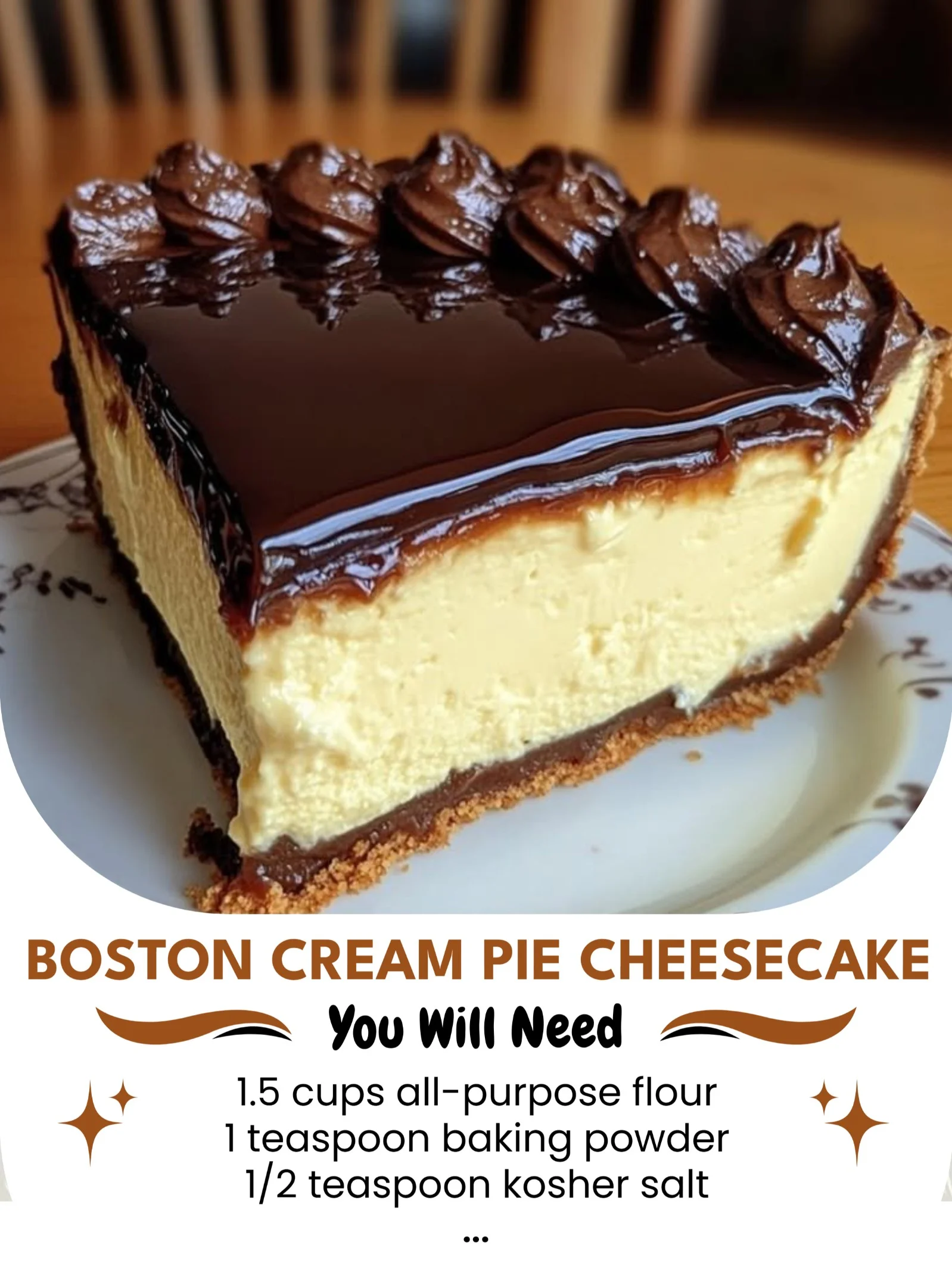 Slice of Boston Cream Pie Cheesecake topped with chocolate ganache and whipped cream