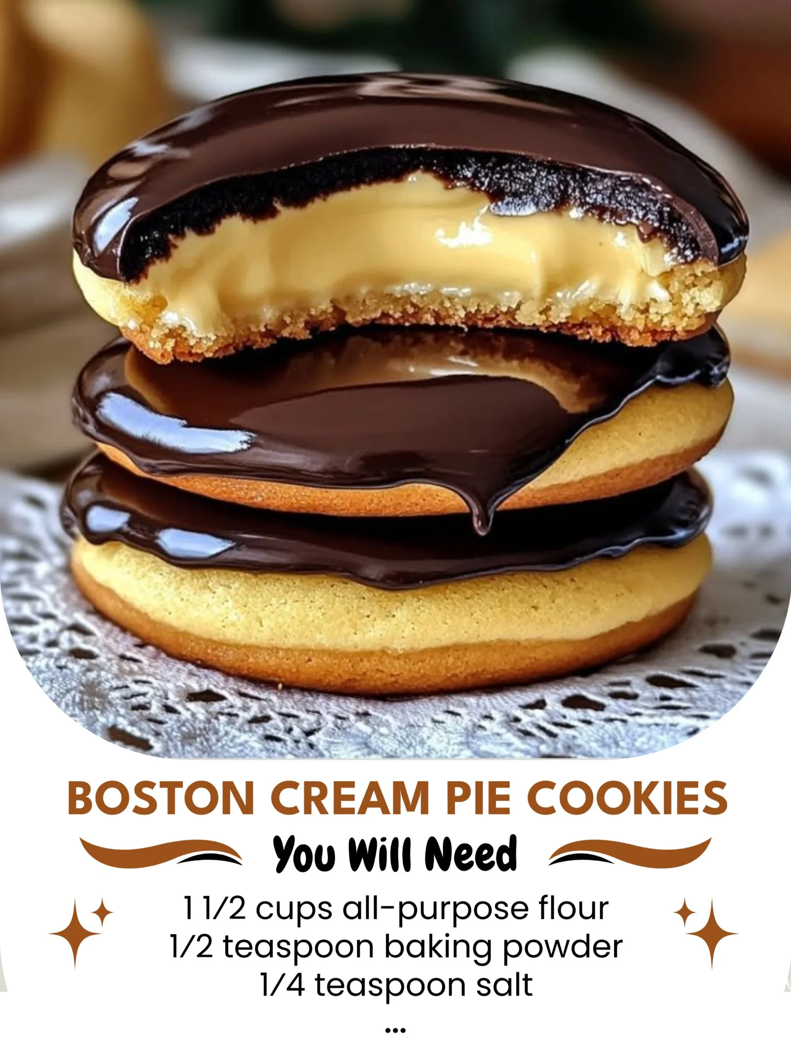 Boston Cream Pie Cookies with chocolate and cream filling stacked on a plate