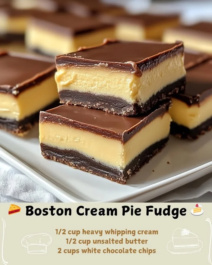 Delicious Boston Cream Pie Fudge topped with chocolate and vanilla cream.