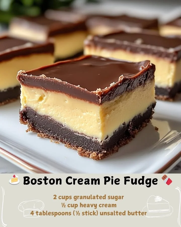 Delicious Boston Cream Pie Fudge dessert topped with chocolate and cream.