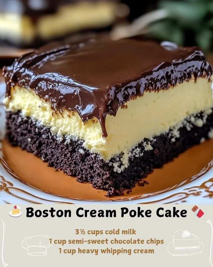 Delicious Boston Cream Poke Cake topped with chocolate ganache and filled with vanilla pudding