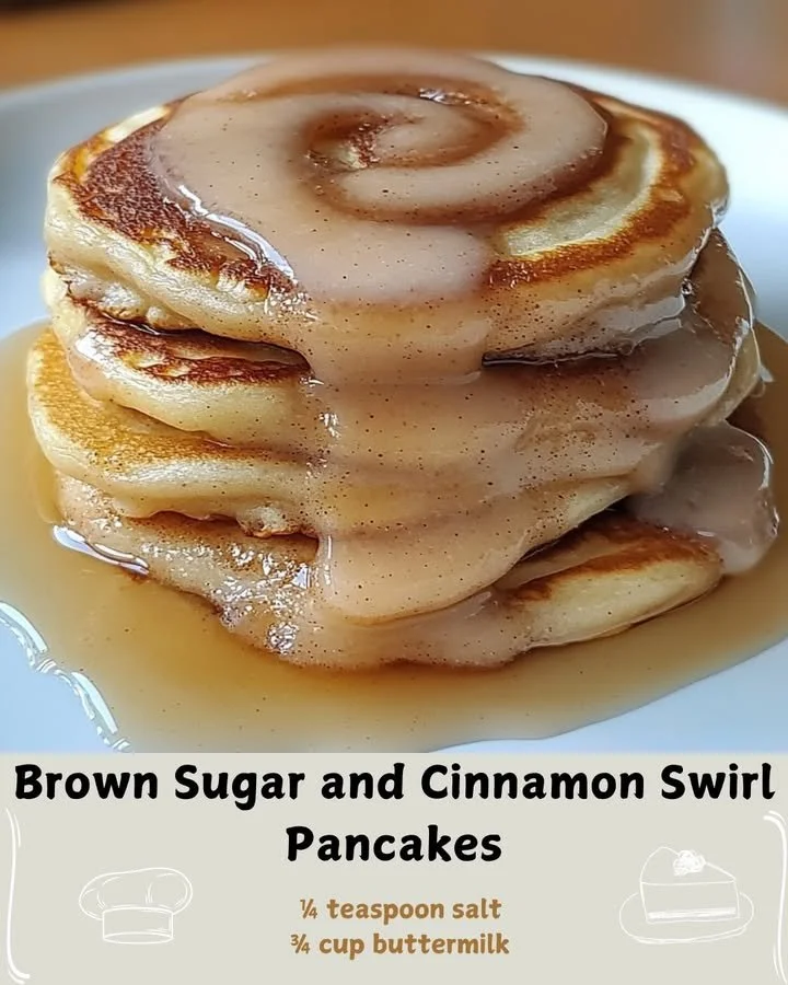 Fluffy brown sugar and cinnamon swirl pancakes topped with syrup and butter