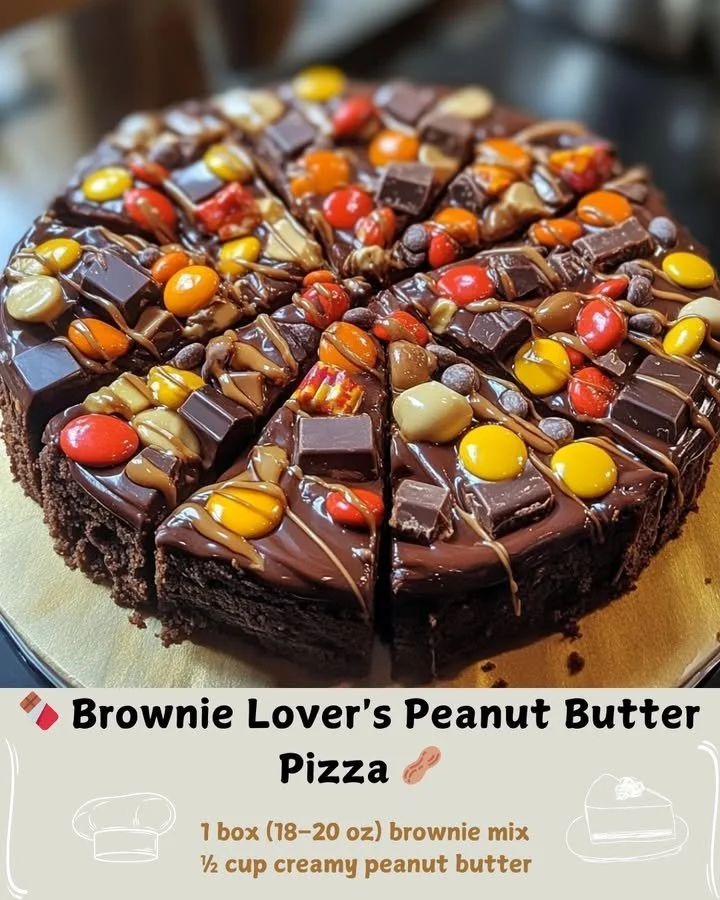 Delicious brownie lover's peanut butter pizza topped with chocolate and peanut butter sauce.