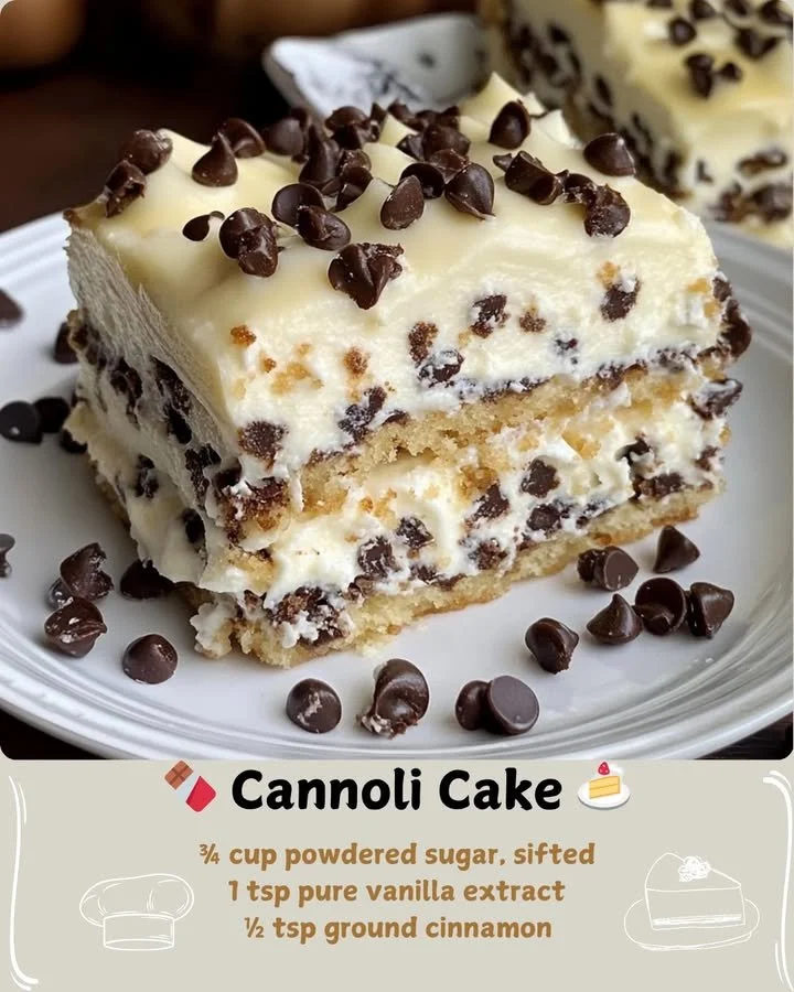 Delicious cannoli cake with creamy filling and chocolate drizzle