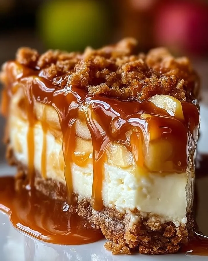Delicious caramel apple cheesecake topped with caramel and fresh apple slices