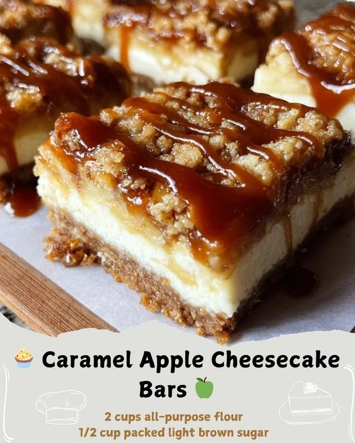 Caramel Apple Cheesecake Bars topped with caramel drizzle and apple slices