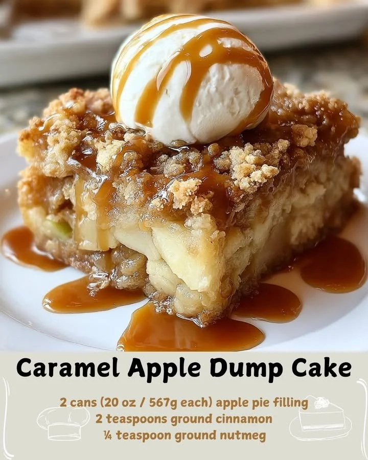 Delicious caramel apple dump cake served with a drizzle of caramel sauce