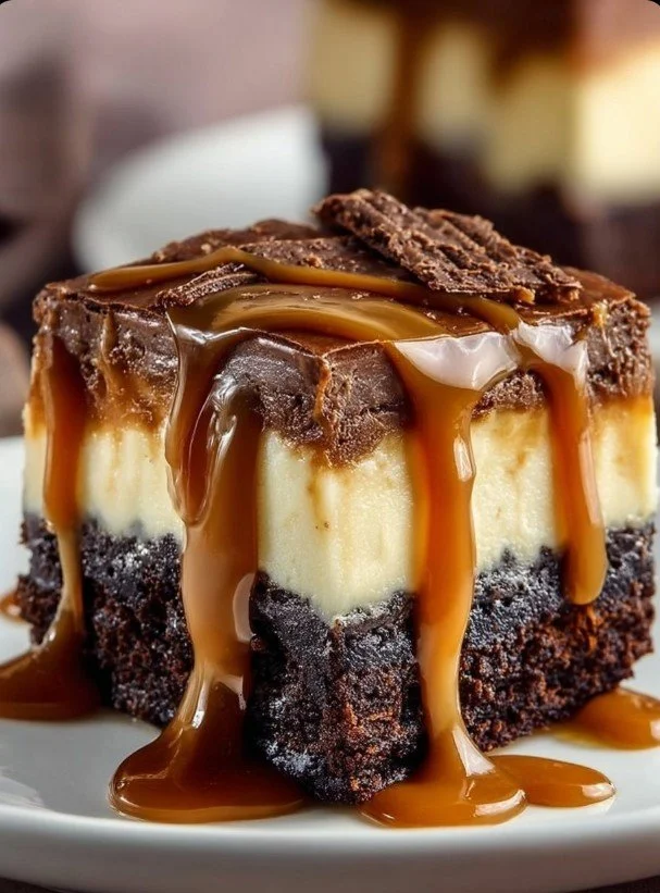 Caramel brownie cheesecake topped with rich caramel drizzle and chocolate.