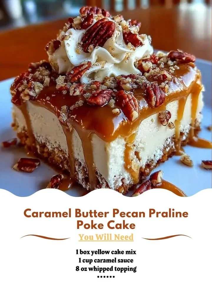 Delicious Caramel Butter Pecan Praline Poke Cake dessert ready to be served