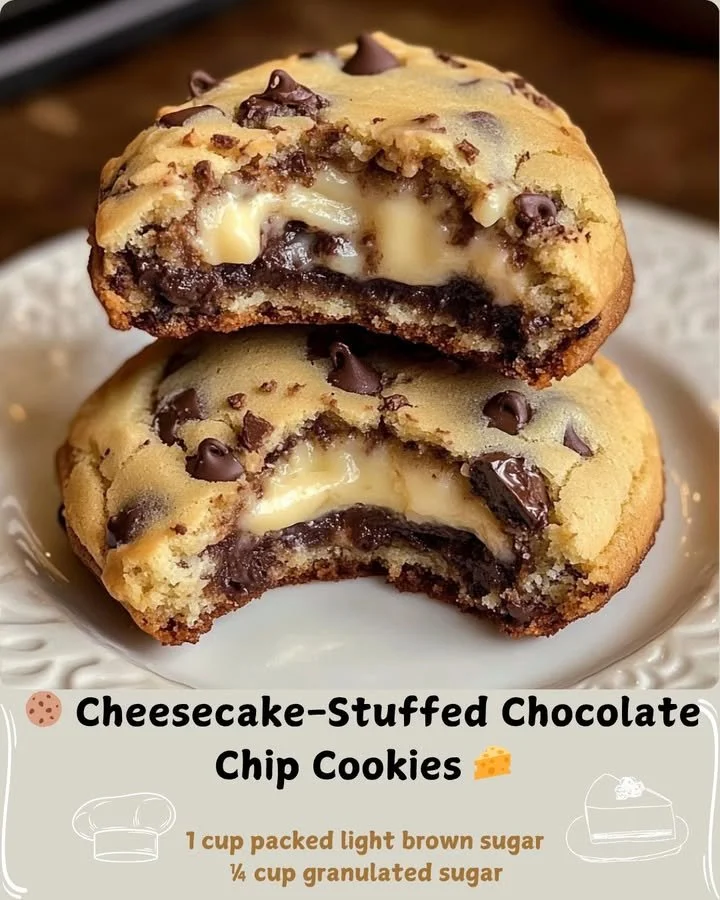 Cheesecake-stuffed chocolate chip cookies on a white plate.