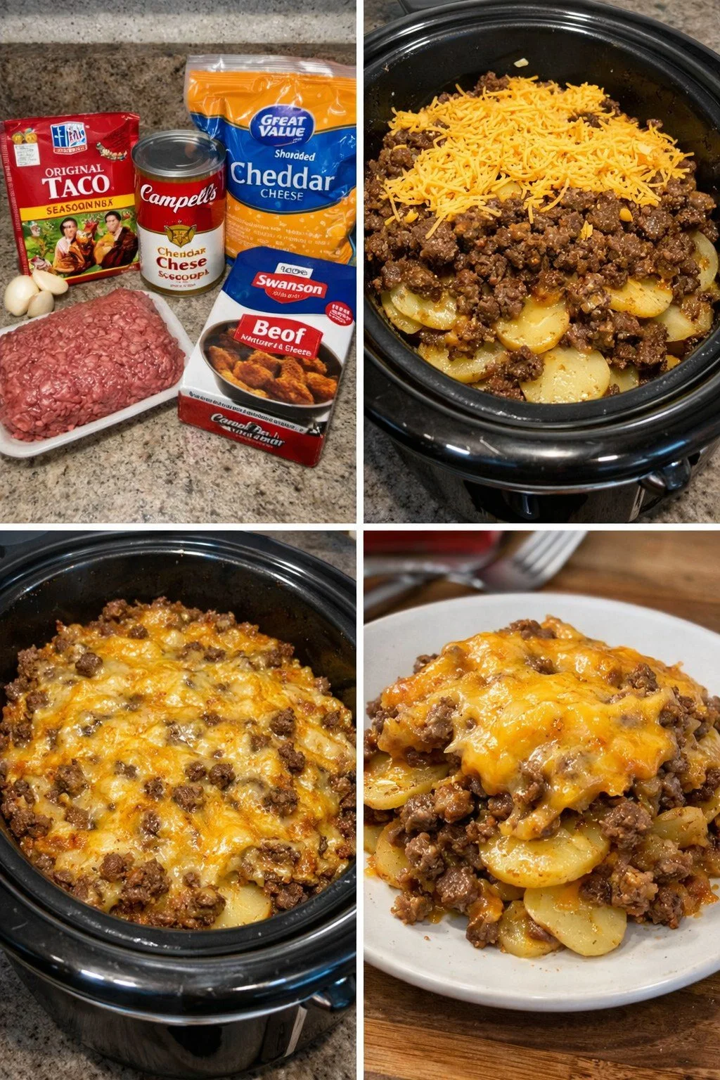 Delicious cheesy beef and potato bake served hot in a casserole dish