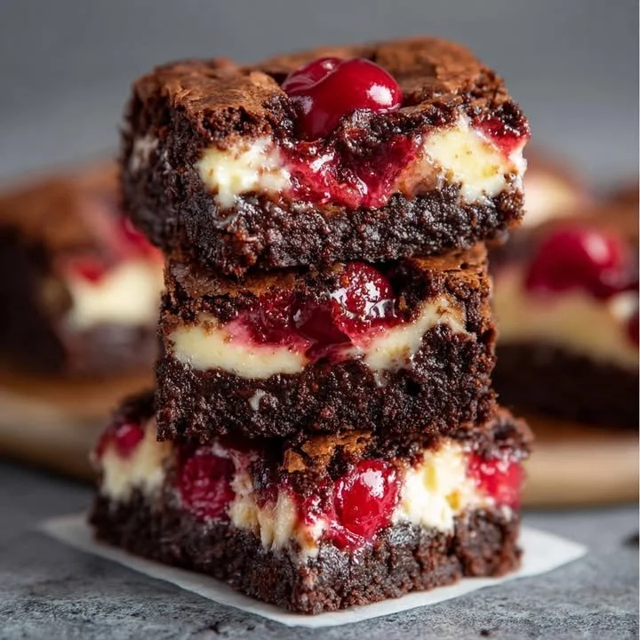 Delicious Cherry Cheesecake Brownies topped with cherries and creamy cheesecake layer.