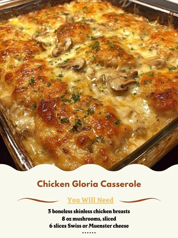 Delicious Chicken Gloria casserole topped with cheese and herbs