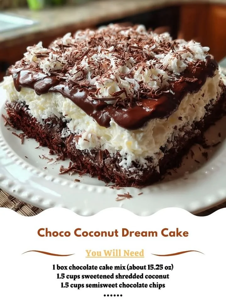 Delicious Choco Coconut Dream Cake topped with chocolate and coconut flakes
