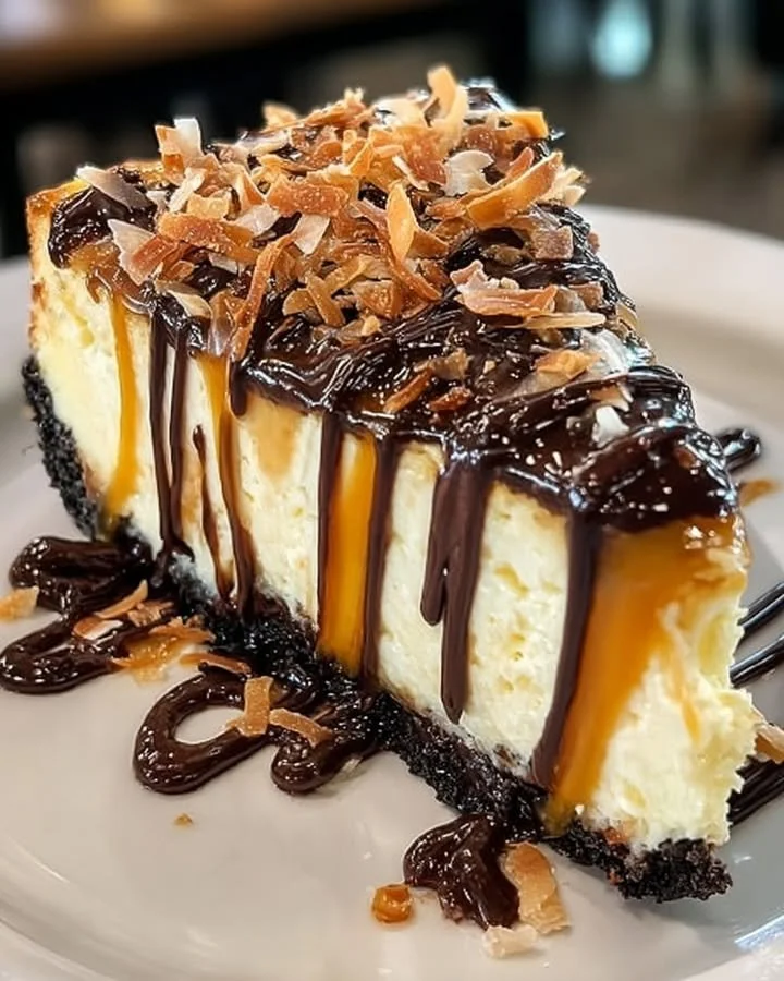 Chocolate Caramel Coconut Cheesecake topped with caramel and coconut flakes