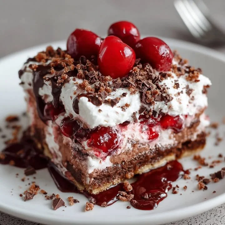 Delicious Chocolate Cherry Lush dessert topped with chocolate and cherries