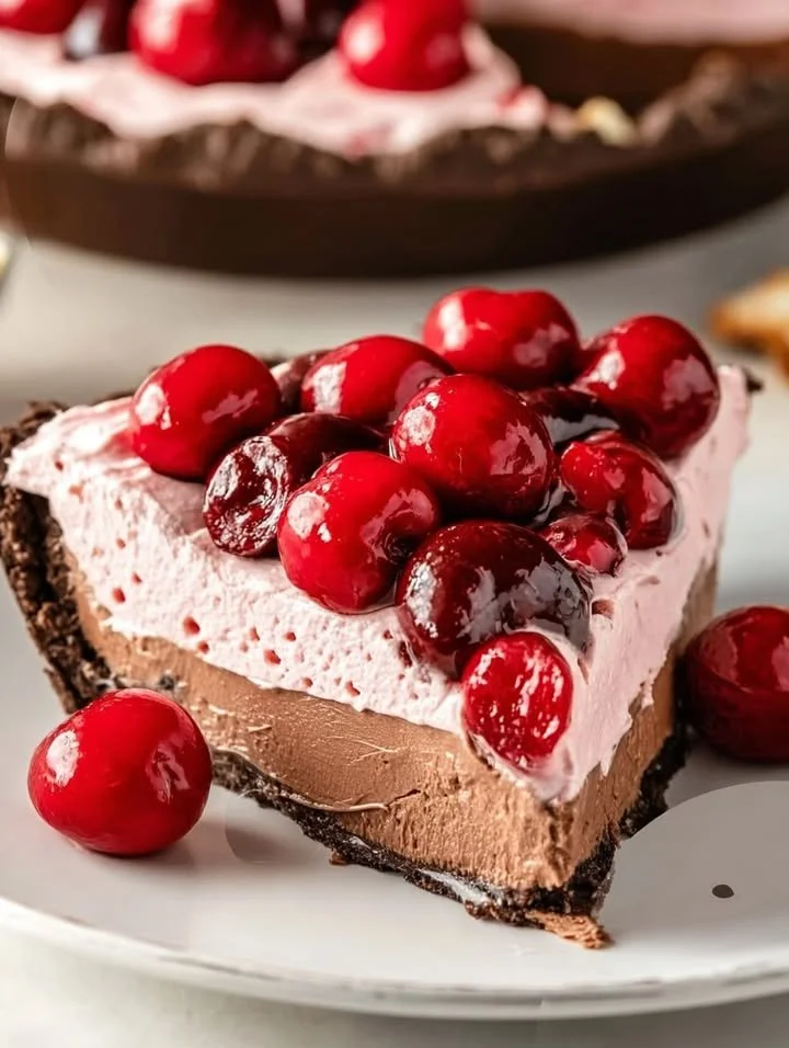 Delicious Chocolate Cherry Pie topped with fresh cherries and chocolate shavings