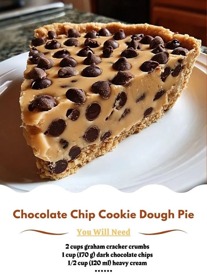 Chocolate Chip Cookie Dough Pie topped with chocolate chips and cookie dough