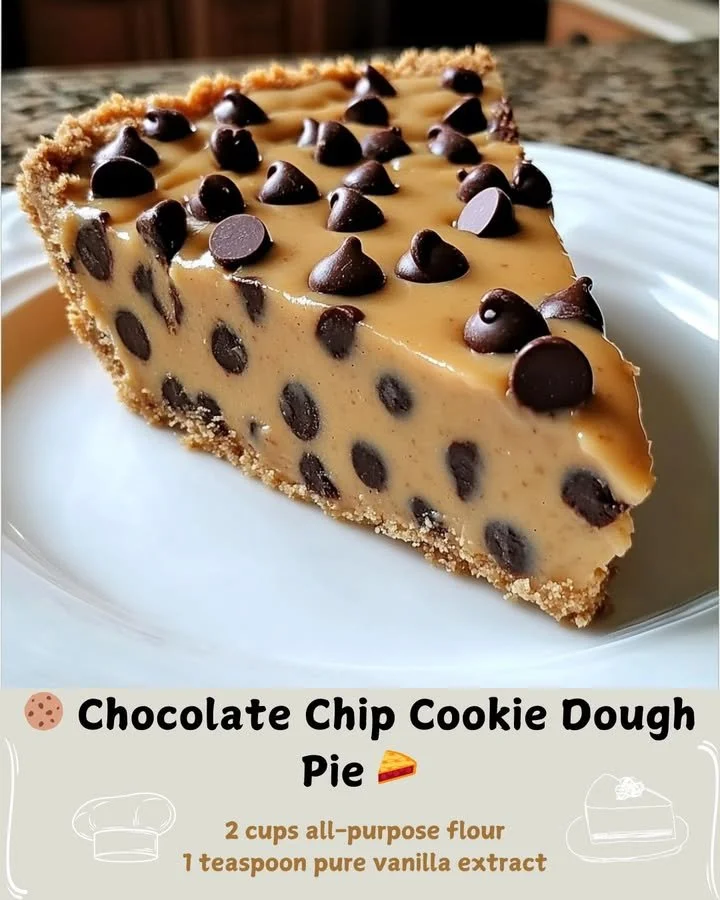 Delicious Chocolate Chip Cookie Dough Pie ready to serve, topped with chocolate chips.
