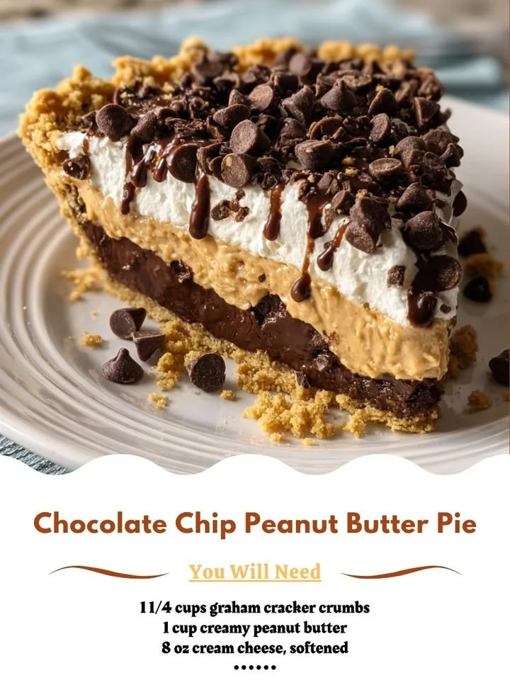 Delicious Chocolate Chip Peanut Butter Pie with chocolate chips and whipped topping
