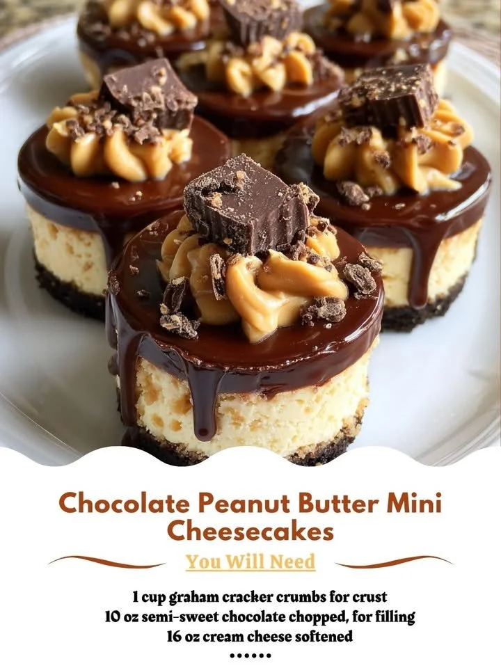 Delicious chocolate peanut butter mini cheesecakes topped with chocolate drizzle.