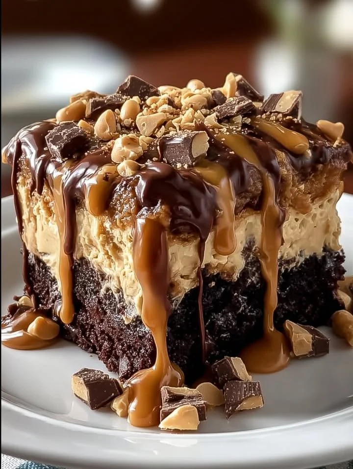 Delicious Chocolate Peanut Butter Poke Cake topped with creamy frosting